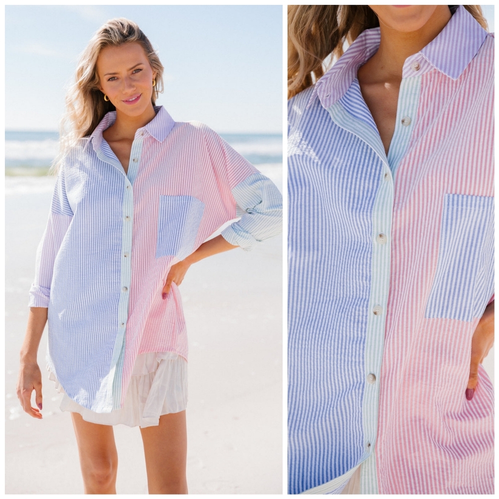 Judith March Striped Oversized Button Up Top, L